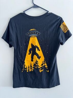 Nine line Tee with Yellow UFO & Bigfoot Design